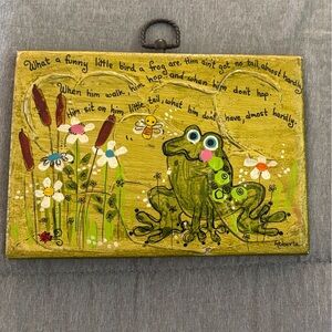 Whimsical Hand Painted Frog and Flowers Art Piece on Wood by Roberta McDowell